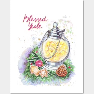 Blessed Yule: Watercolor winter solstice greeting Red letters Posters and Art